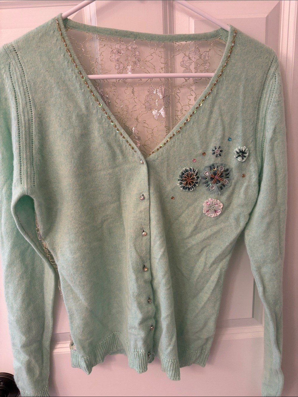 Anthropologie Mint Green Embroidered V-Neck Cardigan